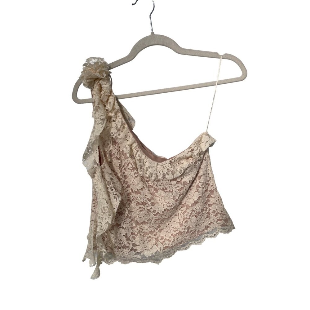 Skies Are Blue Lace Top Size Medium One Shoulder Ruffle Cream Boho Fairycore NEW - Picture 2 of 10